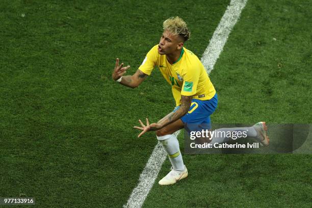 Neymar Jr of Brazil reacts during the 2018 FIFA World Cup Russia group E match between Brazil and Switzerland at Rostov Arena on June 17, 2018 in...