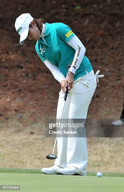 Rikako Morita attempts the putt on the 15th green during the round one of the Yokohama Tire Golf Tournament PRGR Ladies Cup at Tosa Country Club on...
