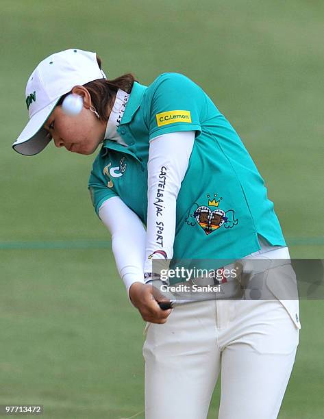 Rikako Morita hits a second shot at the 18th hole during the round one of the Yokohama Tire Golf Tournament PRGR Ladies Cup at Tosa Country Club on...
