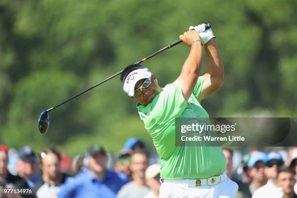 Kiradech Aphibarnrat of Thailand plays his shot from the eighth tee during the final round of the 2018 U.S. Open at Shinnecock Hills Golf Club on...