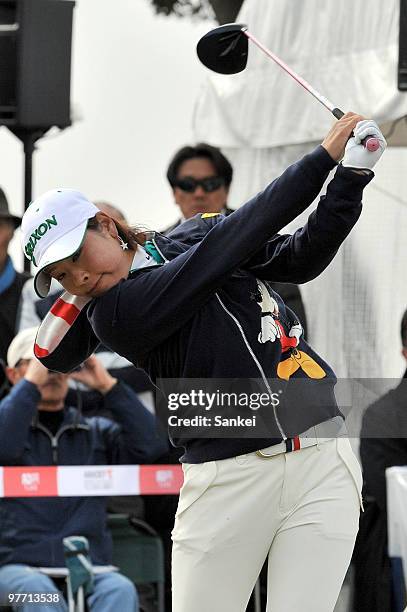 Rikako Morita hits a tee shot during the round one of the Yokohama Tire Golf Tournament PRGR Ladies Cup at Tosa Country Club on March 12, 2010 in...
