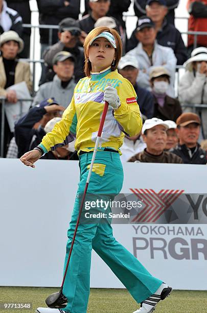 Makoto Takemura looks on during the round one of the Yokohama Tire Golf Tournament PRGR Ladies Cup at Tosa Country Club on March 12, 2010 in Konan,...