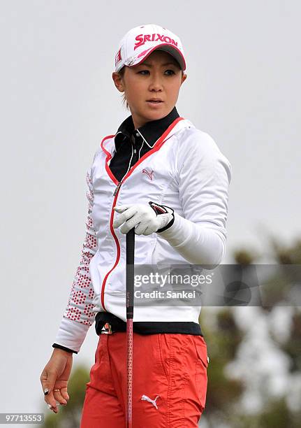 Miho Koga looks on during the round one of the Yokohama Tire Golf Tournament PRGR Ladies Cup at Tosa Country Club on March 12, 2010 in Konan, Kochi,...