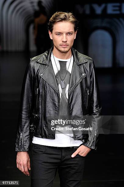 Model showcases a design by Wayne Cooper on the catwalk at the Myer Autumn Winter 2010 Collection Launch at Sidney Myer Music Bowl on March 15, 2010...