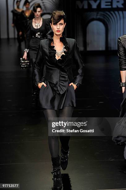 Model showcases a design by Wayne Cooper on the catwalk at the Myer Autumn Winter 2010 Collection Launch at Sidney Myer Music Bowl on March 15, 2010...