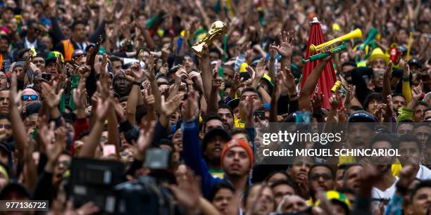 Supporters of Brazil watch the broadcasting 2018 FIFA World Cup Group E Brazil v Switzerland match at the public viewing event in Sao Paulo, Brazil...