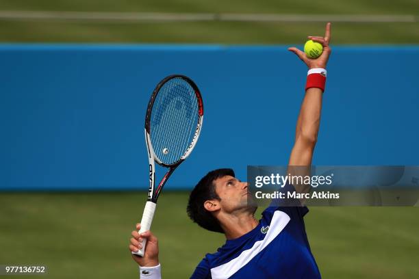 Novak Djokovic of Serbia serves during qualifying Day 2 of the Fever-Tree Championships at Queens Club on June 17, 2018 in London, United Kingdom.