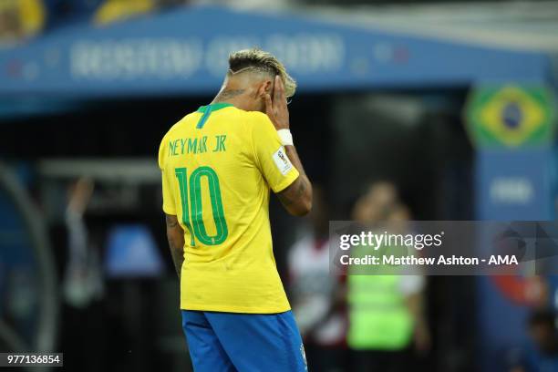 Neymar of Brazil looks dejected at the end of the 2018 FIFA World Cup Russia group E match between Brazil and Switzerland at Rostov Arena on June 17,...