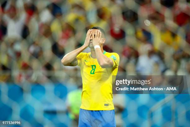 Renato Augusto of Brazil looks dejected at the end of the 2018 FIFA World Cup Russia group E match between Brazil and Switzerland at Rostov Arena on...