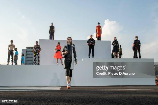 Model walks the runway at the Palm Angels show during Milan Men's Fashion Week Spring/Summer 2019 on June 17, 2018 in Milan, Italy.