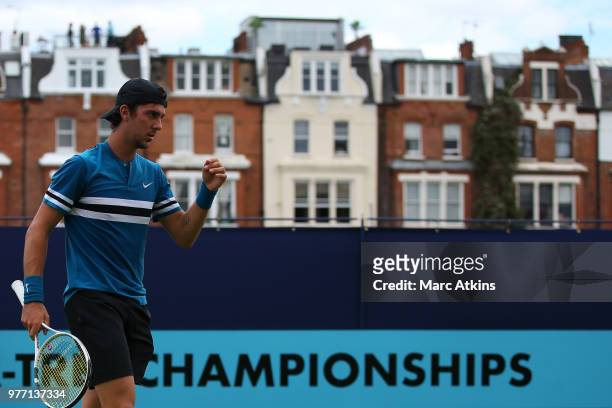 Thanasi Kokkinakis of Australia reacts during qualifying Day 2 of the Fever-Tree Championships at Queens Club on June 17, 2018 in London, United...