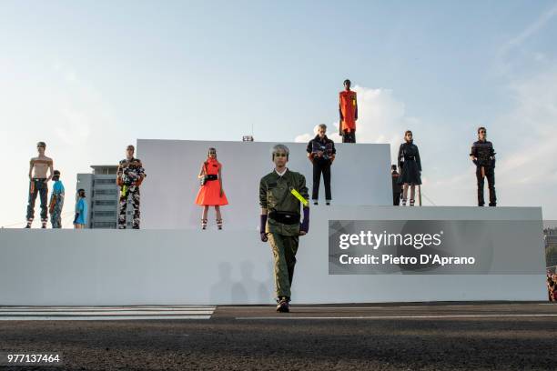 Model walks the runway at the Palm Angels show during Milan Men's Fashion Week Spring/Summer 2019 on June 17, 2018 in Milan, Italy.