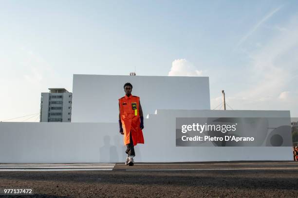 Model walks the runway at the Palm Angels show during Milan Men's Fashion Week Spring/Summer 2019 on June 17, 2018 in Milan, Italy.