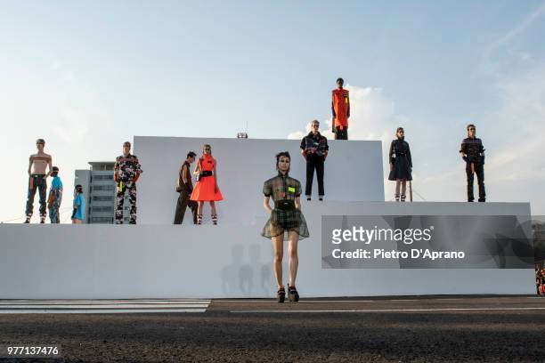 Model walks the runway at the Palm Angels show during Milan Men's Fashion Week Spring/Summer 2019 on June 17, 2018 in Milan, Italy.