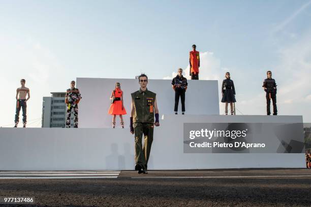 Model walks the runway at the Palm Angels show during Milan Men's Fashion Week Spring/Summer 2019 on June 17, 2018 in Milan, Italy.