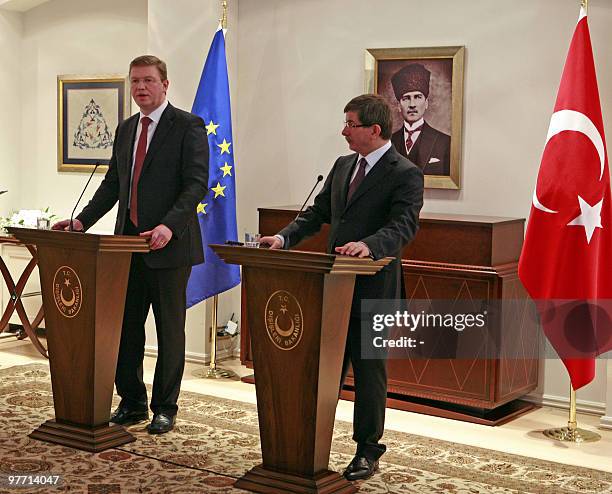 Turkey's Foreign Minister Ahmet Davutoglu and EU commissioner for enlargement Stefan Fule address the media in Ankara March 15, 2010. Fule urged...