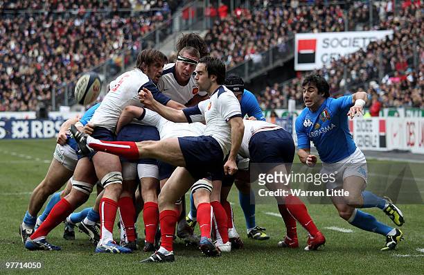 Morgan Parra of France clears the ball during the RBS Six Nations match between France v Italy at Stade de France on March 14, 2010 in Paris, France.
