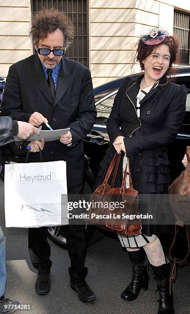 Director Tim Burton and wife Helena Bonham Carter arrive at the Ministere de la Culture on March 15, 2010 in Paris, France.