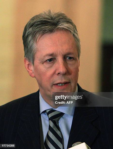 Democratic Unionist Party leader Peter Robinson speaks to the media at Stormont Parliament buildings in Belfast, Northern Ireland March 9, 2010. The...