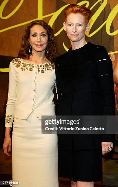 Actresses Marisa Berenson and Tilda Swinton attend "Io Sono L'Amore" Milan Photocall held at Cinema Colosseo on March 15, 2010 in Milan, Italy.