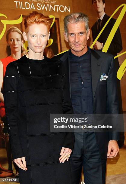 Actress Tilda Swinton and Massimiliano Finazzer Flory attend "Io Sono L'Amore" Milan Photocall held at Cinema Colosseo on March 15, 2010 in Milan,...