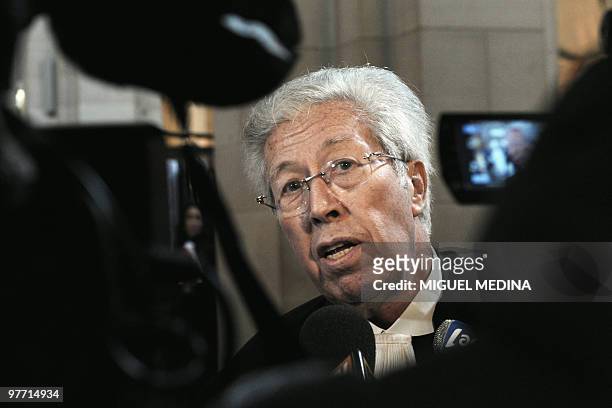 Andre Soulier, lawyer of French football club Paris Saint Germain former president Francis Graille, addresses the media on March 15, 2010 as he...