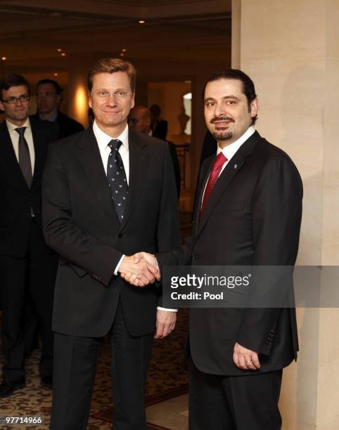 German Vice Chancellor and Foreign Minister Guido Westerwelle welcomes Lebanese Prime Minister Saad al-Hariri at Hotel Adlon on March 15, 2010 in...