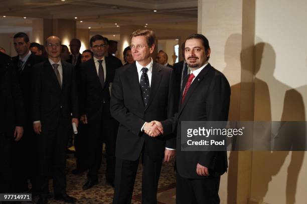 German Vice Chancellor and Foreign Minister Guido Westerwelle welcomes Lebanese Prime Minister Saad al-Hariri at Hotel Adlon on March 15, 2010 in...