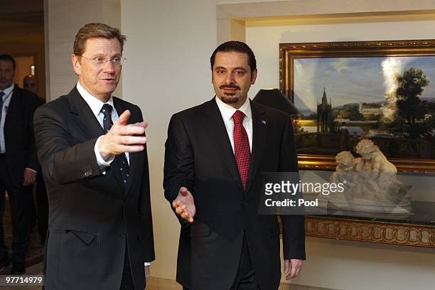 Vice Chancellor and Foreign Minister Guido Westerwelle welcomes Lebanese Prime Minister Saad al-Hariri at Hotel Adlon on March 15, 2010 in Berlin,...