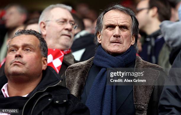 Wolfgang Overath, president of Koeln, watches the Bundesliga match between FSV Mainz 05 and 1. FC Koeln at the Bruchweg Stadium on March 13, 2010 in...