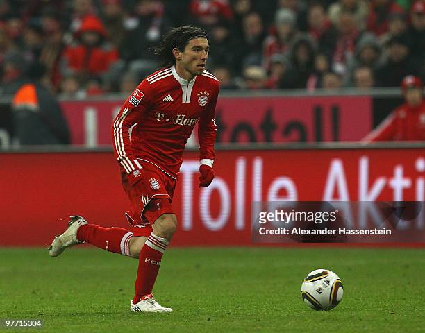 Danijel Pranjic of Muenchen runs with the ball during the Bundesliga match between FC Bayern Muenchen and SC Freiburg at Allianz Arena on March 13,...