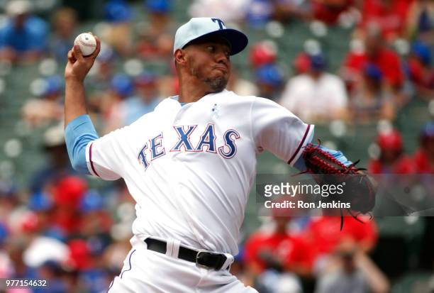 Yovani Gallardo of the Texas Rangers pitches against the Colorado Rockies during the first inning at Globe Life Park in Arlington on June 17, 2018 in...