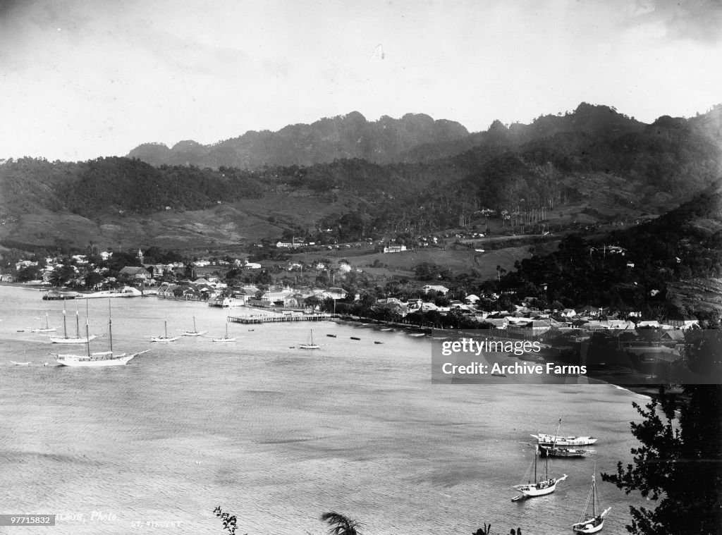 The harbor of Kingstown, the capital city of St Vincent, West Indies