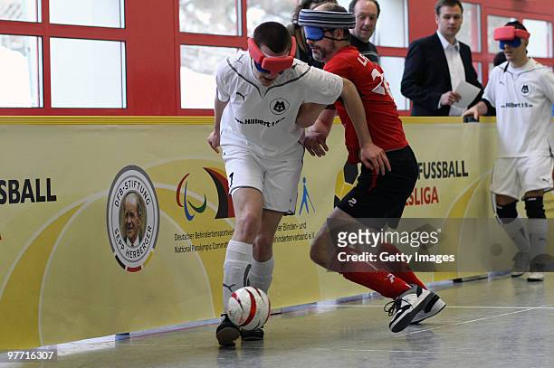 Players in action in the Blind Football Bundesliga match between MTV Stuttgart and LFC Berlin on March 13, 2010 in Barsinghausen, Germany.