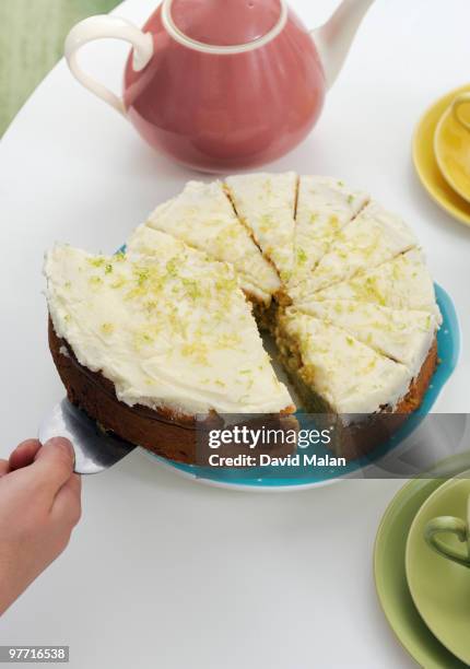 huge slice of cake being lifted from plate - ungerechtigkeit stock-fotos und bilder