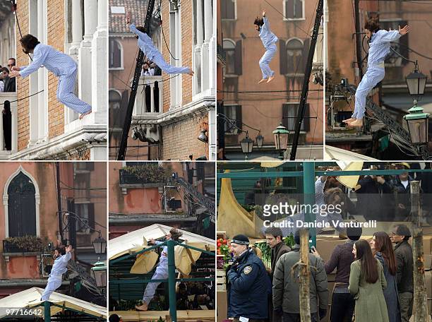 This combo photo shows Johnny Depp's stuntman sequence during the filming of "The Tourist" at the Mercato del Pesce on March 15, 2010 in Venice,...