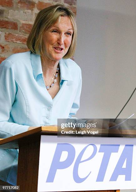 Ingrid Newkirk speaks at PETA's building dedication at the Nanci Alexander Center for Animal Rights on March 14, 2010 in Washington, DC.