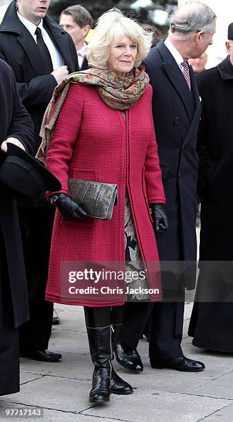 Camilla, Duchess of Cornwall visits St Stanislaw Kostka Parish Church to lay a wreath at the Popieluszko Monument on March 15, 2010 in Warsaw,...