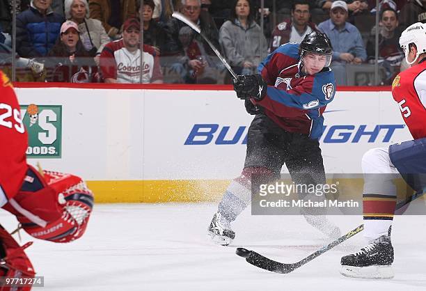 Matt Duchene of the Colorado Avalanche shoots against the Florida Panthers at the Pepsi Center on March 11, 2010 in Denver, Colorado. The Avalanche...