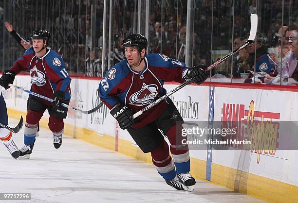 Scott Hannan of the Colorado Avalanche skates against the Florida Panthers at the Pepsi Center on March 11, 2010 in Denver, Colorado. The Avalanche...