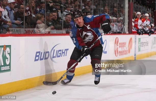 Adam Foote of the Colorado Avalanche skates against the Florida Panthers at the Pepsi Center on March 11, 2010 in Denver, Colorado. The Avalanche...