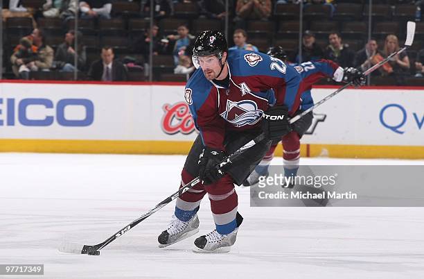 Milan Hejduk of the Colorado Avalanche skates against the Florida Panthers at the Pepsi Center on March 11, 2010 in Denver, Colorado. The Avalanche...