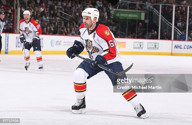 Cory Stillman of the Florida Panthers skates against the Colorado Avalanche at the Pepsi Center on March 11, 2010 in Denver, Colorado. The Avalanche...