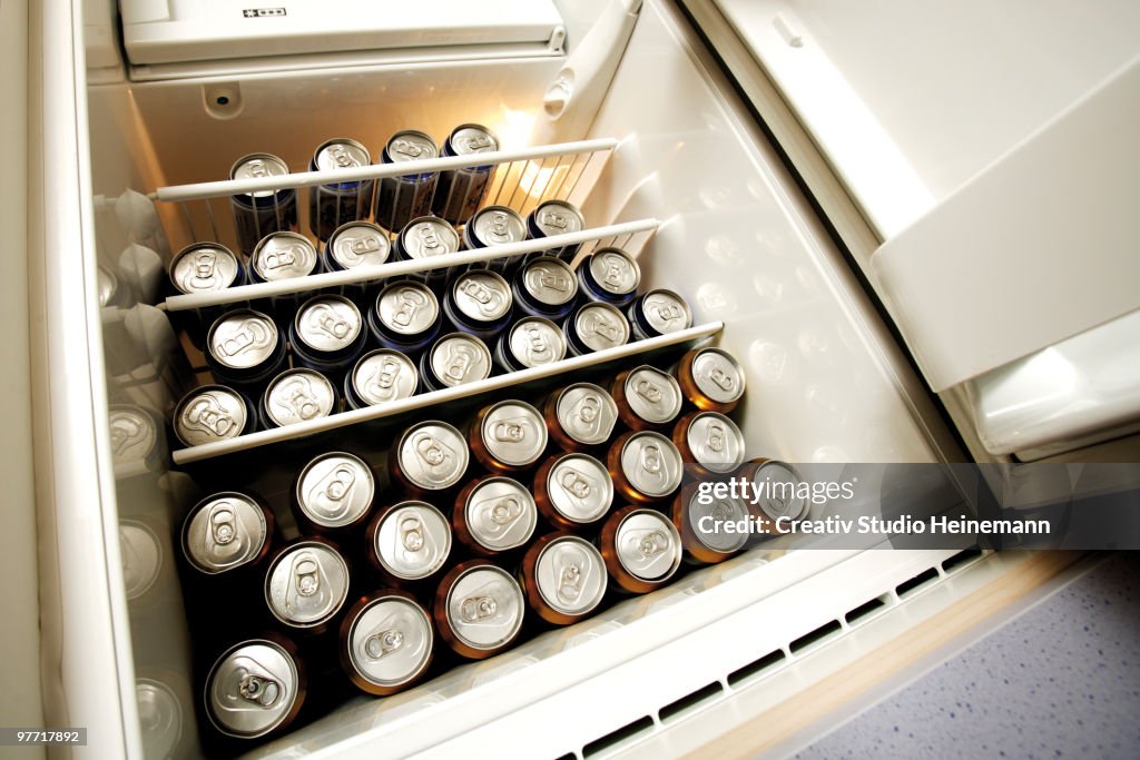 Beer Cans in fridge, low angle view