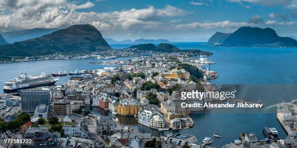 aerial view of city on coast, alesund, norway - alesund stock pictures, royalty-free photos & images