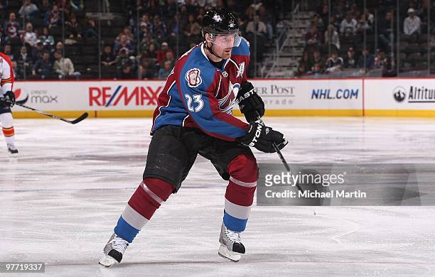 Milan Hejduk of the Colorado Avalanche skates against the Florida Panthers at the Pepsi Center on March 11, 2010 in Denver, Colorado. The Avalanche...