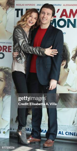 Actors Myriam Catania and Alessandro Roja attend "Tutto L'Amore Del Mondo" photocall at Adriano Cinema on March 15, 2010 in Rome, Italy.