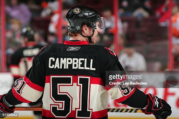 Brian Campbell of the Chicago Blackhawks looks on during the pregame warm-ups prior to the start of his game against the Philadelphia Flyers on March...