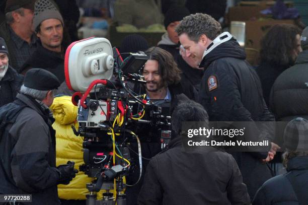 Actor Johnny Depp and director Florian Henckel von Donnersmarck are seen during the filming of "The Tourist" at the Mercato del Pesce on March 15,...