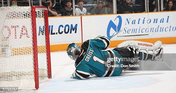 Thomas Greiss of the San Jose Sharks makes a save during an NHL game against the Florida Panthers on March 13, 2010 at HP Pavilion at San Jose in San...